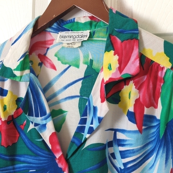 Bloomingdale's 80's Vintage Bright Tropical Short Sleeve Button Down Shirt Large - Picture 3 of 12